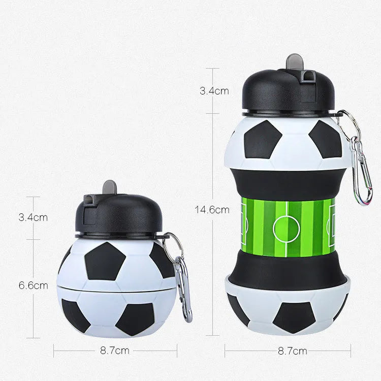 Collapsible white soccer ball shaped silicone water bottle with straw and carrying clip, 18 oz capacity