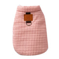 Pink ribbed corduroy dog vest with metal leash ring and bear emblem tag, sizes XS to XXL.