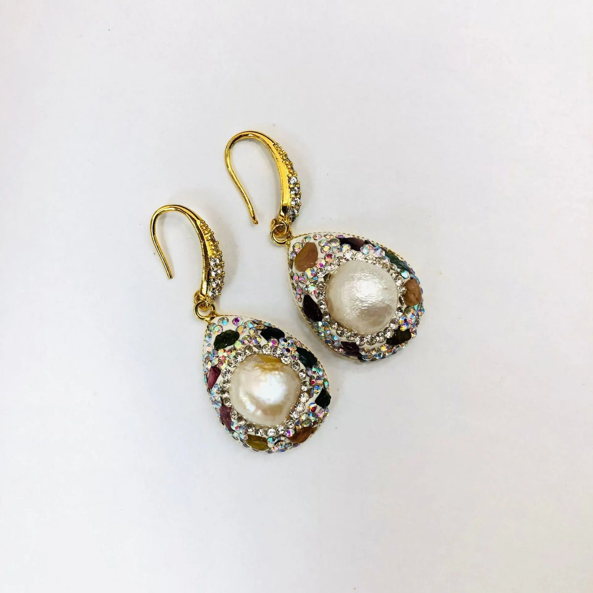 Natural freshwater pearl teardrop earrings for women with copper setting and colourful diamond inlay