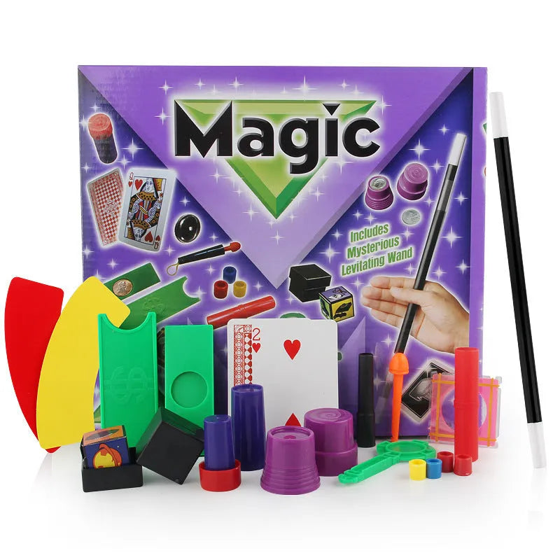 Children's magic toy set with plastic props in carton packaging for ages 3-7 years