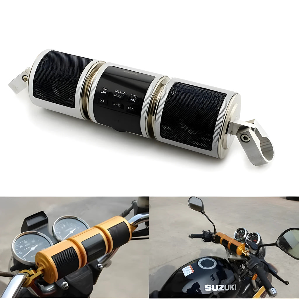 Motorcycle Bluetooth music player with aluminium body, LED screen, and adjustable handlebar mount in black finish
