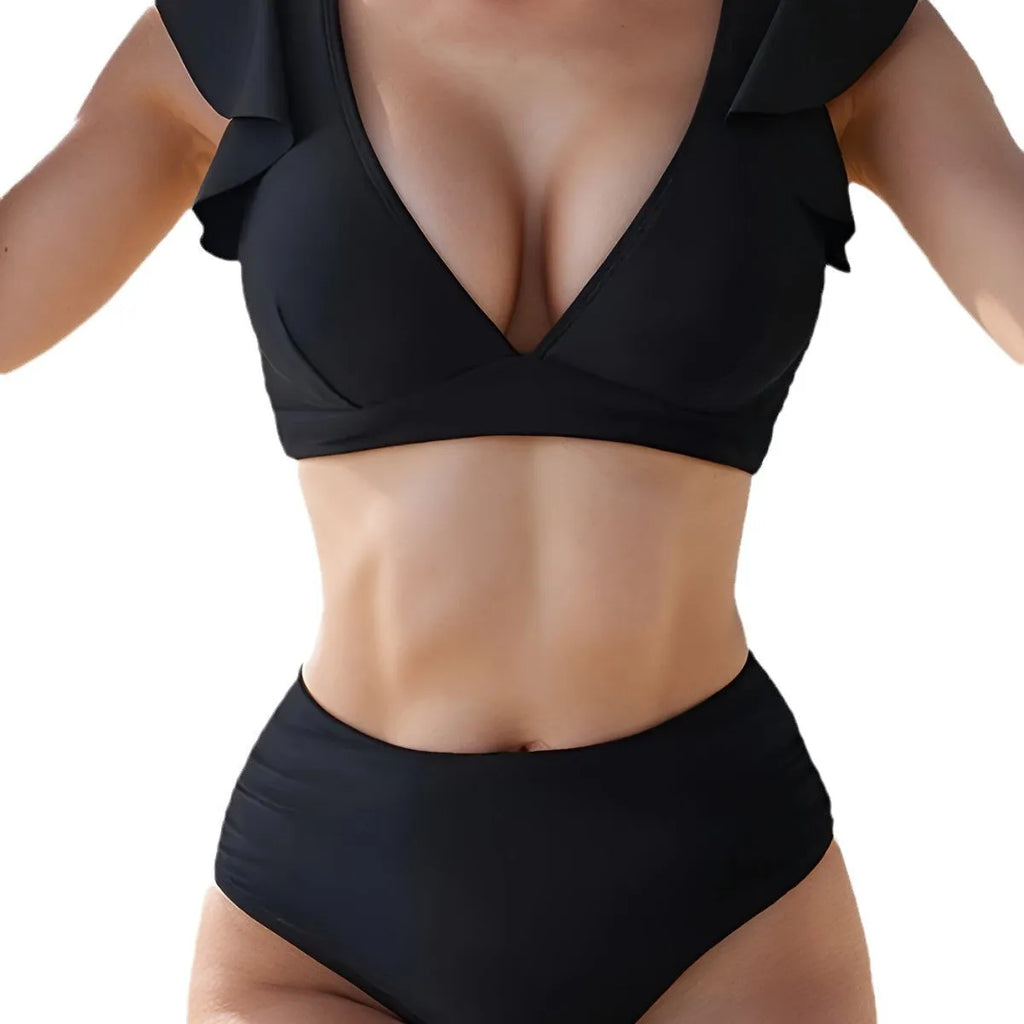 Pure color black ruffles high waist split nylon bikini for women, front view, sport swimsuit