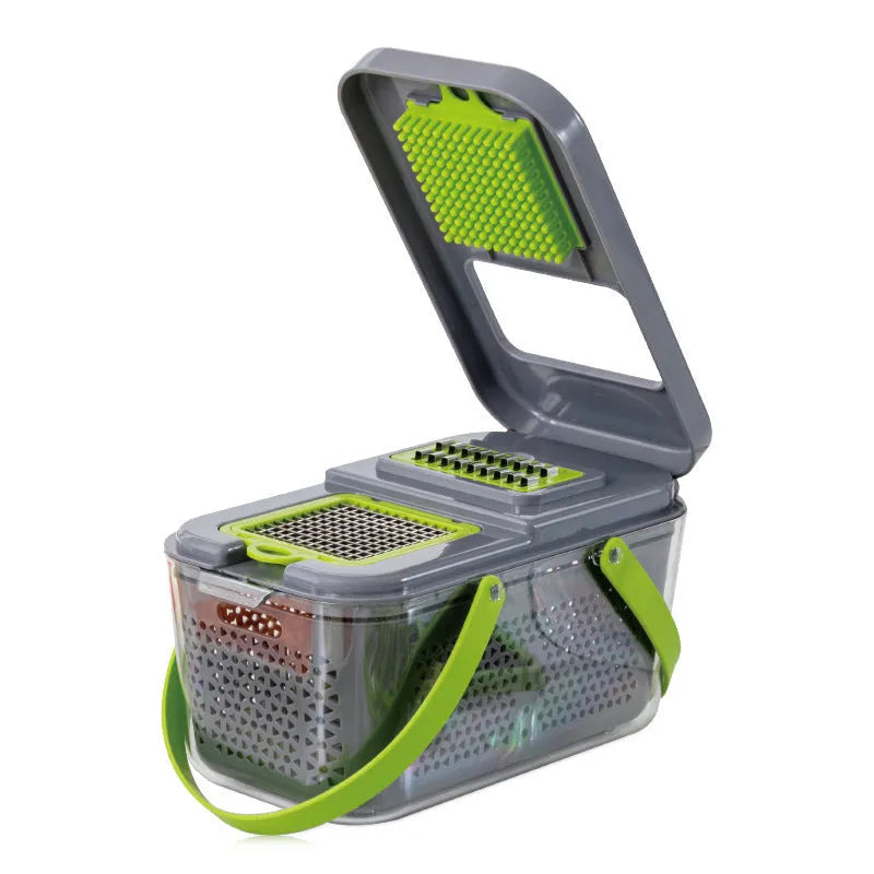 Grey multifunctional vegetable cutter with stainless steel blades and ABS body, foldable design, water filter basket, 26x15.5x14.5 cm