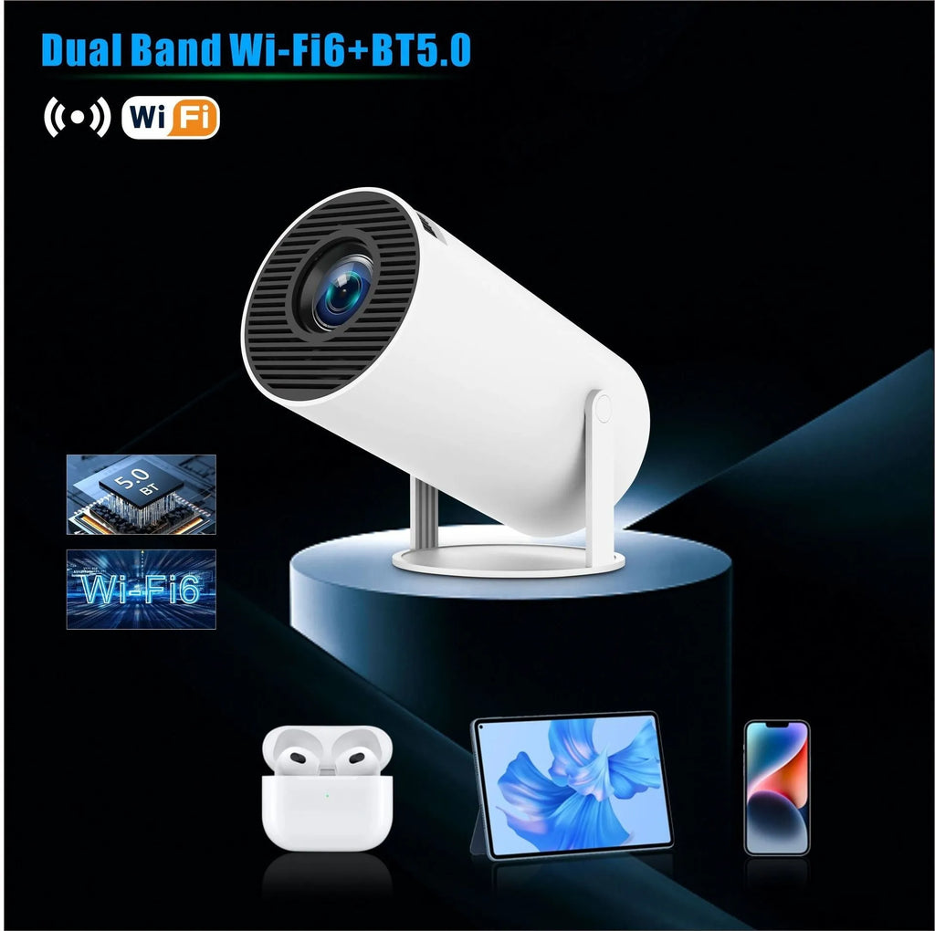 HY300 Pro Android portable projector with 170mm diameter compact design for home entertainment