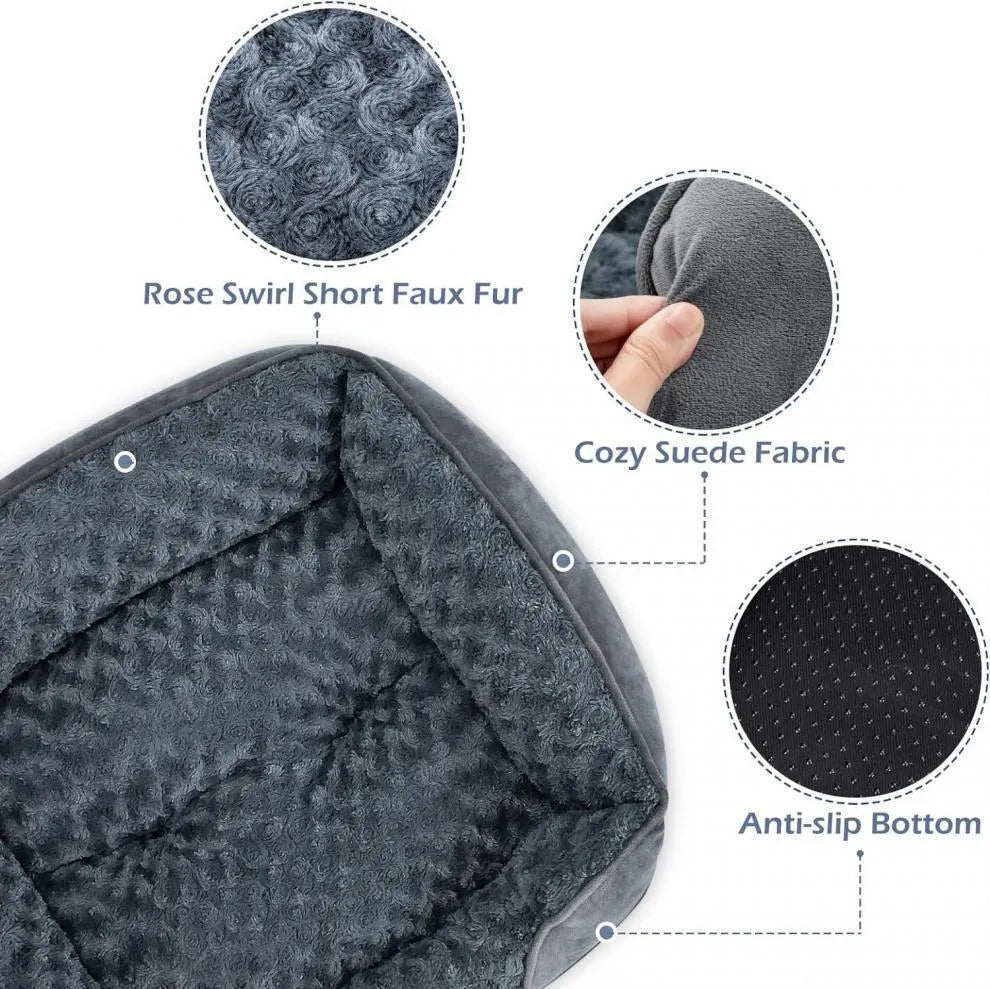 Beige enclosed oval dog kennel bed with artificial fur lining and removable cushion.