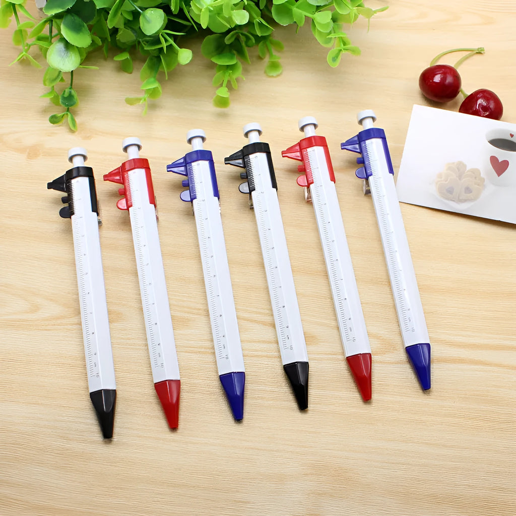 Orange multifunction ballpoint pen with integrated black vernier caliper scale, 15cm long.