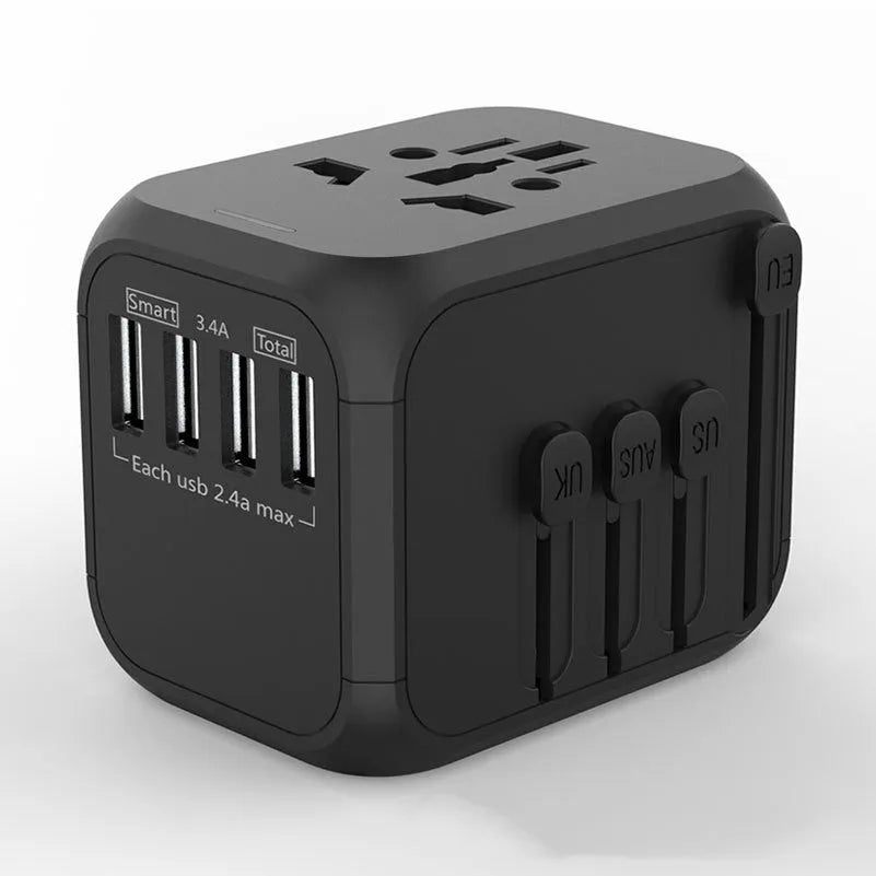 Black international travel plug adapter with six universal sockets for multiple country plugs