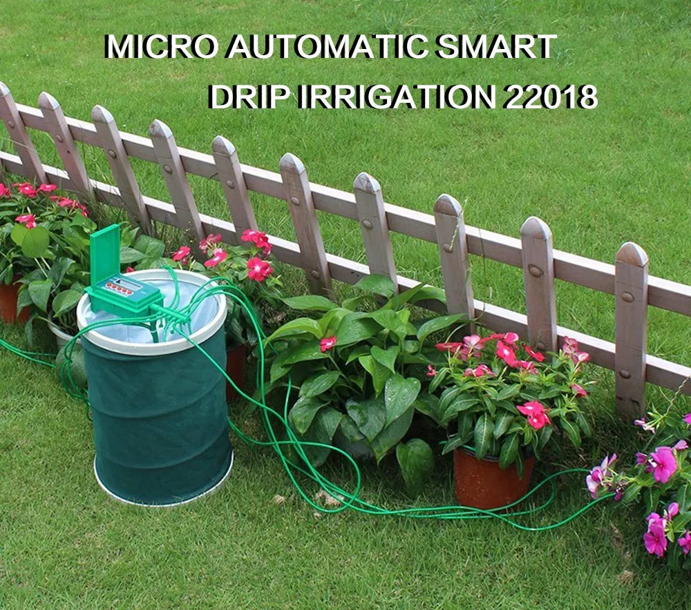 Green ABS automatic micro drip irrigation kit with smart controller, pump, 10 m vinyl tube and ten stainless steel pegs