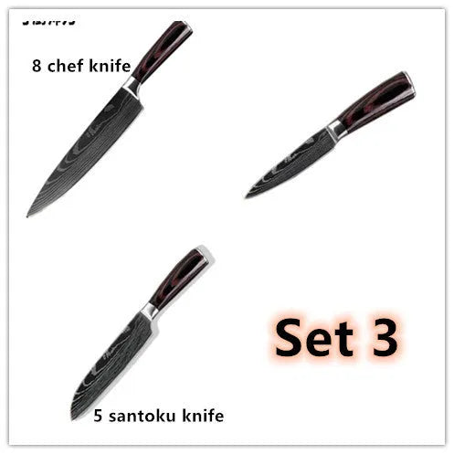 7Cr17 stainless steel kitchen knife with Damascus patterned 18 cm blade and coloured wood handle