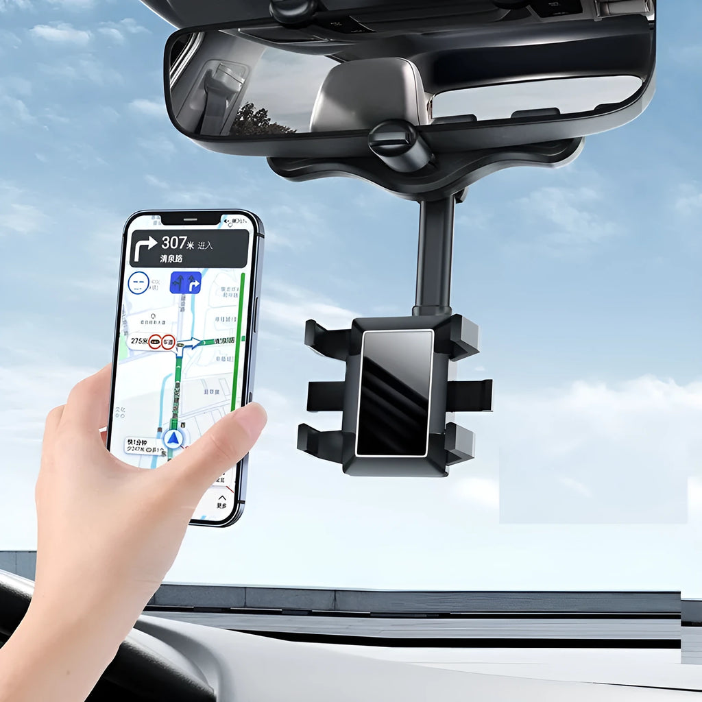 Rotating smartphone mount bracket clipped onto a car rearview mirror, showing left and right adjustment.