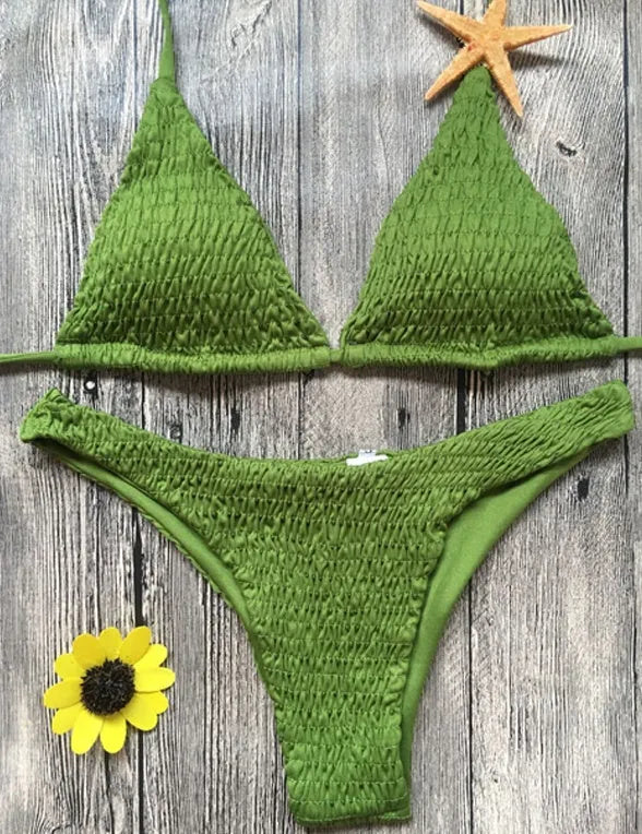 Pleated triangle bikini top women's quick-dry nylon swimsuit solid colour strappy chest pad