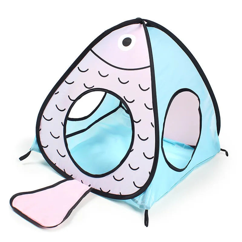 Foldable Cat and Fish design pet tent with connecting tunnel for indoor play