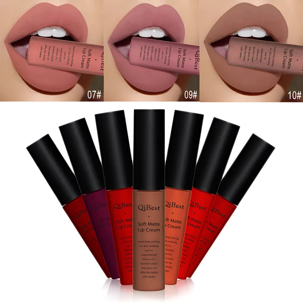 Qibest matte lipstick in sealed packaging with non-stick cup formula 20g weight 34 colours available