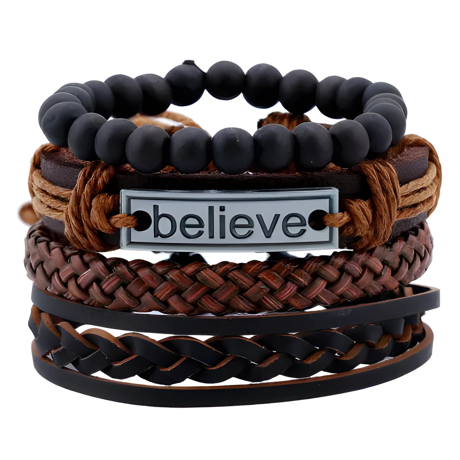 Believe Suit brown leather bracelet with geometric design on a men's wrist