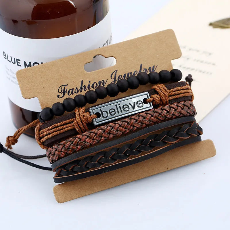 Believe Suit brown leather bracelet with geometric design on a men's wrist