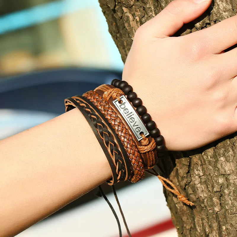 Believe Suit brown leather bracelet with geometric design on a men's wrist