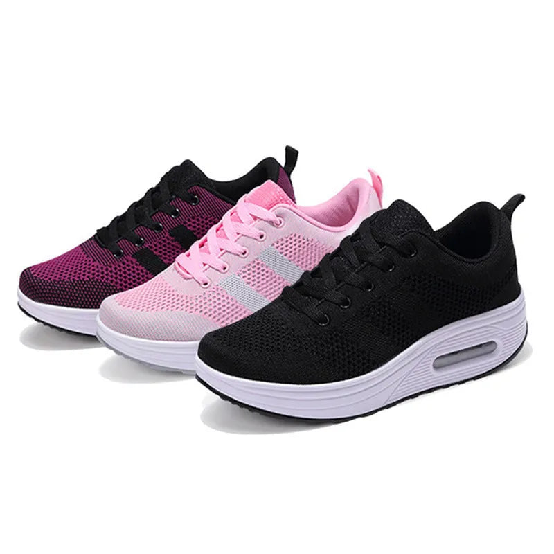 Women's solid colour platform casual shoes with flyknit upper and air cushion sole