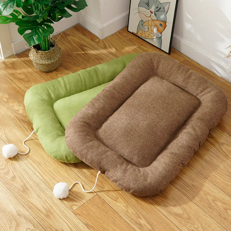 Brown cooling mat for small to medium-sized dogs in kennel setting with size dimensions shown
