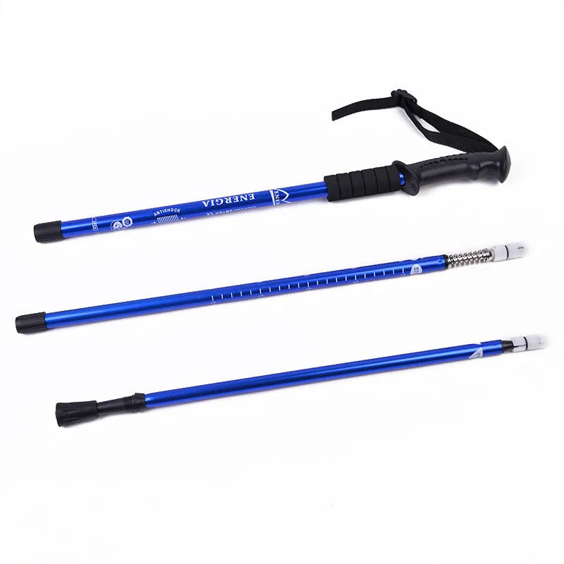 Retractable three-section aluminium alloy walking stick in black extended to 135cm with straight handle