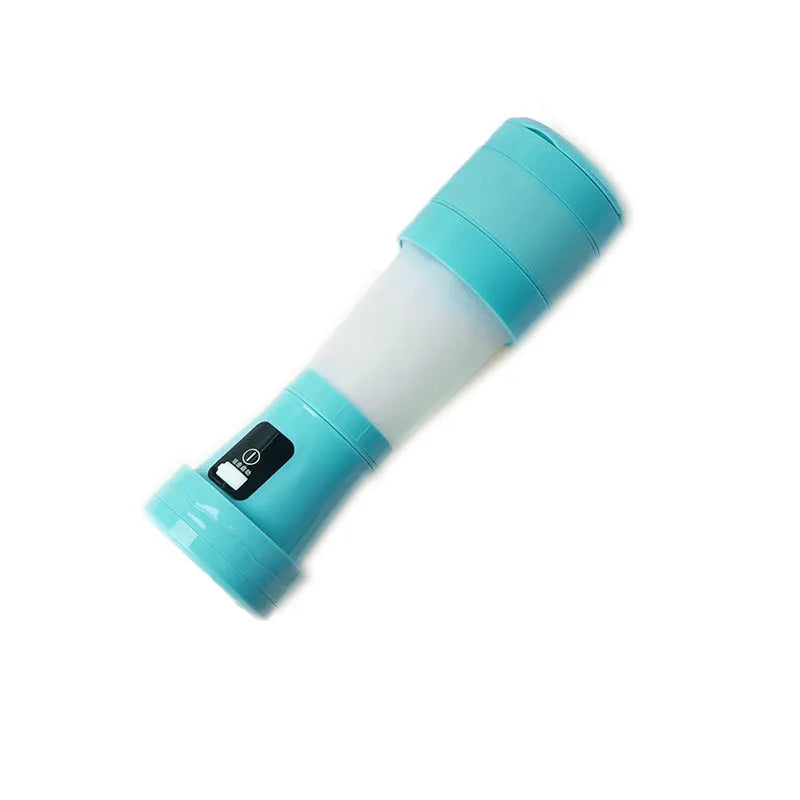 Blue portable personal blender with 450ml cup, shown extended and folded, with USB charging cable