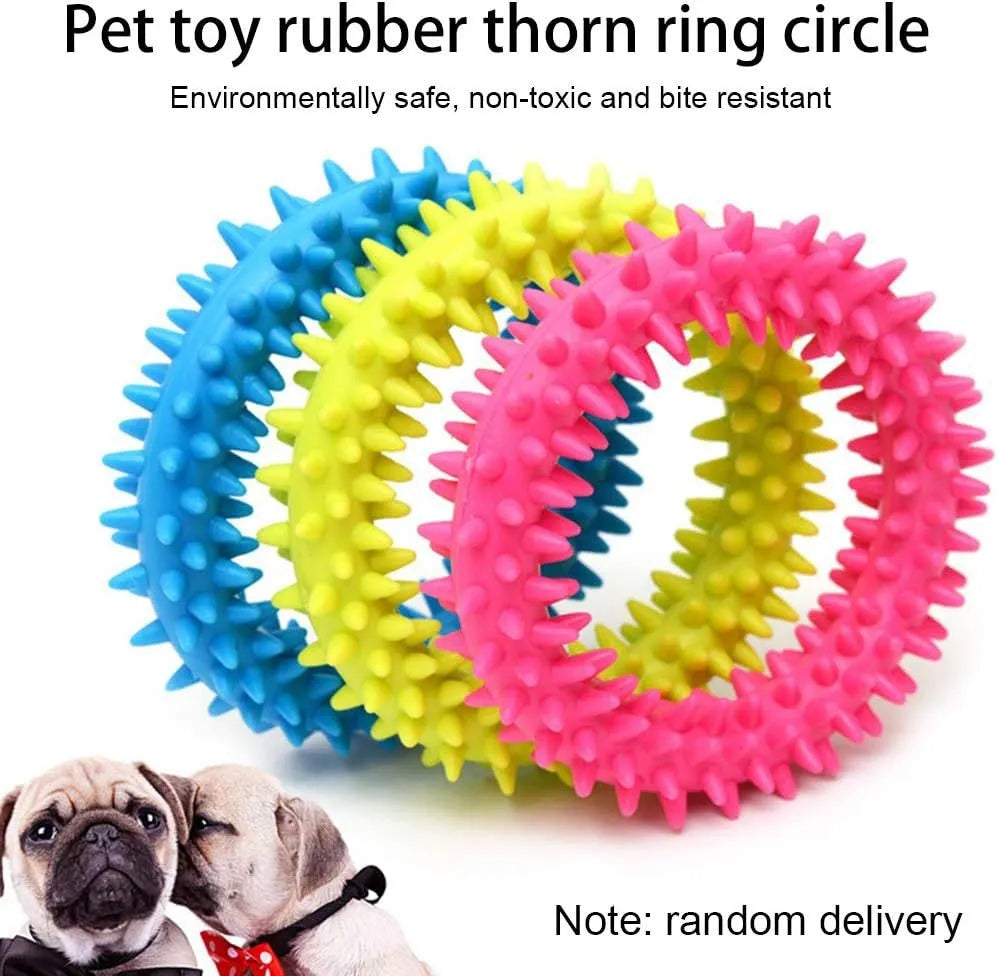 Blue spiky circle ring dog chew toy made from TPR for dental cleaning and bite training.