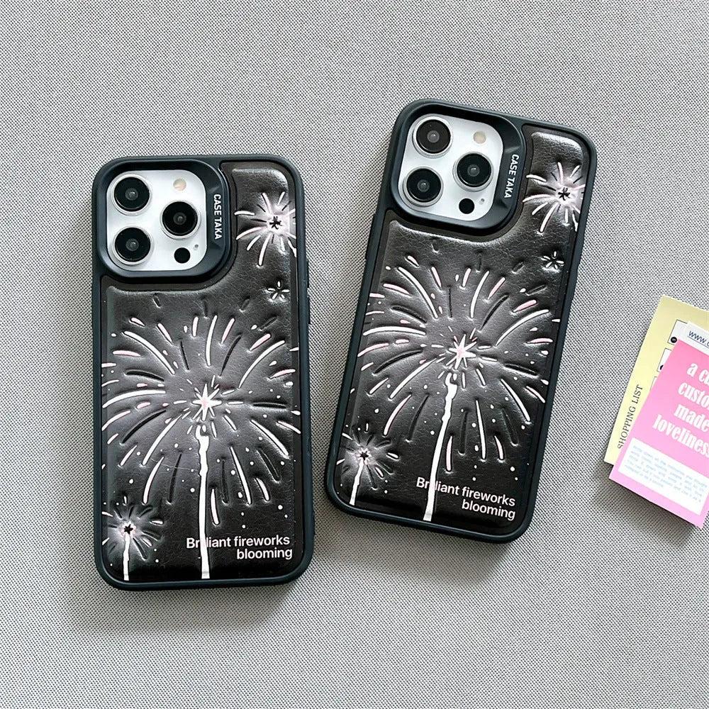 Leather embossed TPU phone case for iPhone with colourful fireworks design