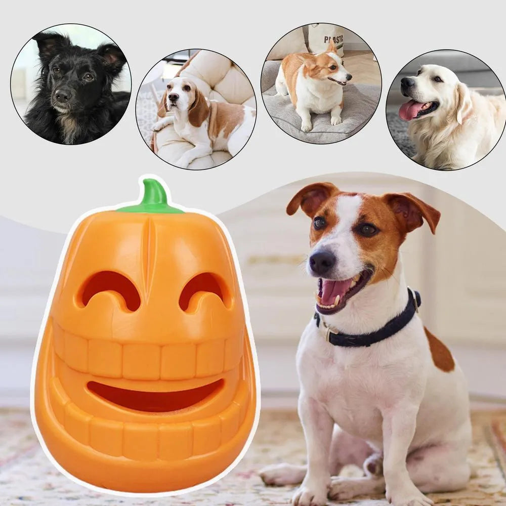 Yellow pumpkin-shaped TPR dog chew toy for aggressive chewers measuring 8.6 x 11.5 cm