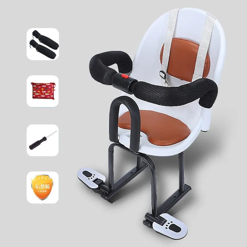 High carbon steel front-mounted child seat for battery scooter in black, red, or white.
