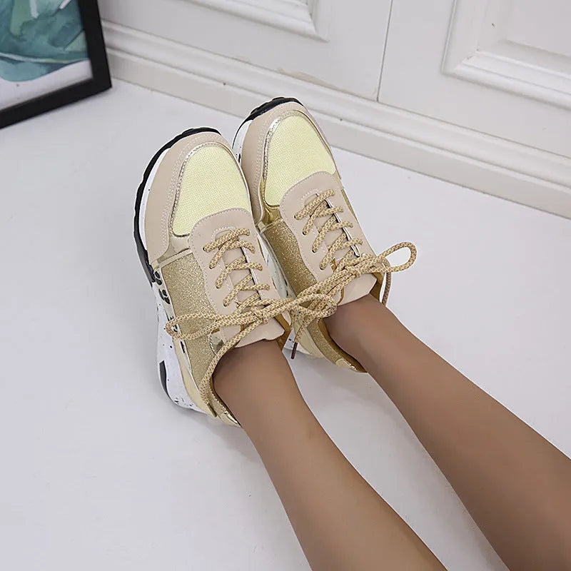 Women's lace up wedge flat sneakers in beige, round toe, artificial PU upper, side view
