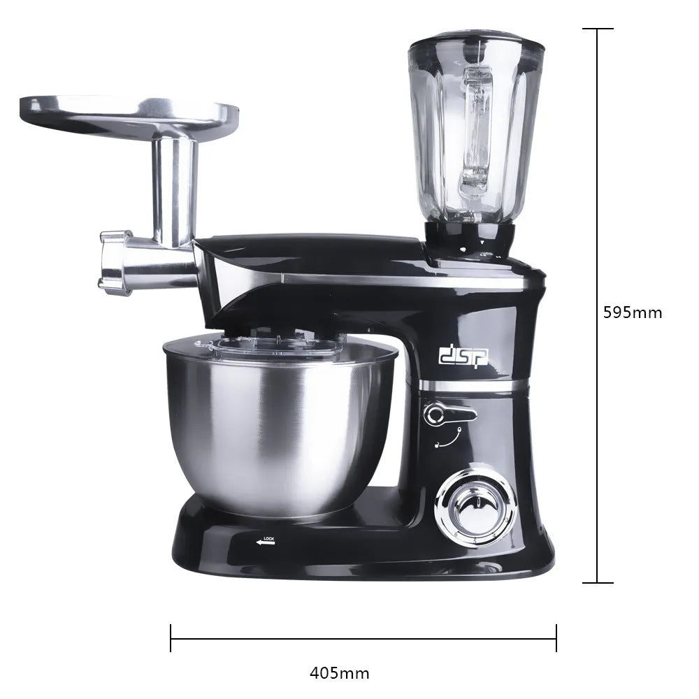 Black three-in-one household kitchen machine with juicer, dough mixer, and meat mincer functions on countertop