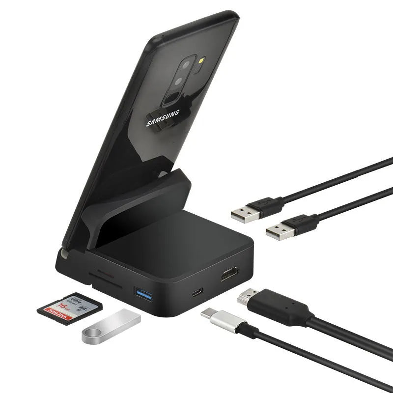 Black Type-C bracket docking station with HDMI, USB 3.0 and two USB 2.0 ports, ABS and aluminium alloy