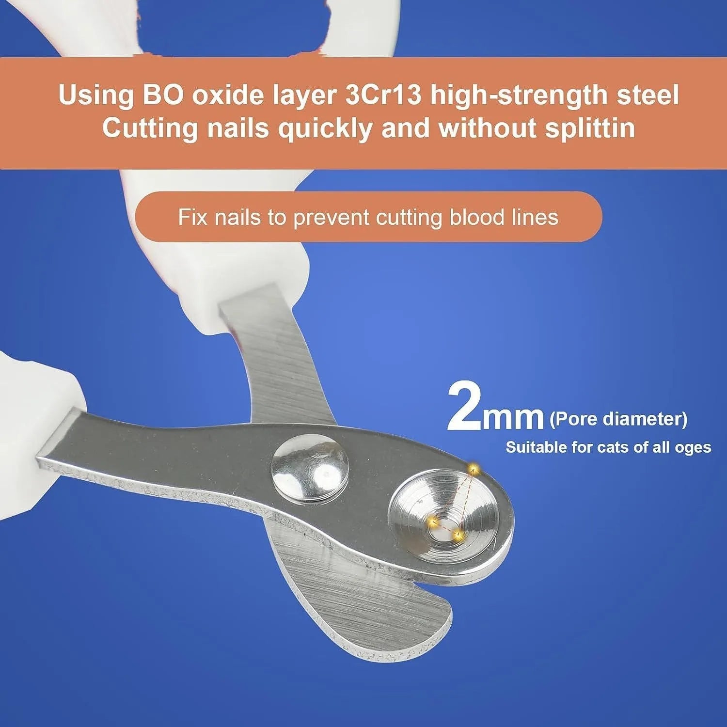 Blue cat nail clippers with circular cut hole and cushioned non-slip handles for safe pet grooming