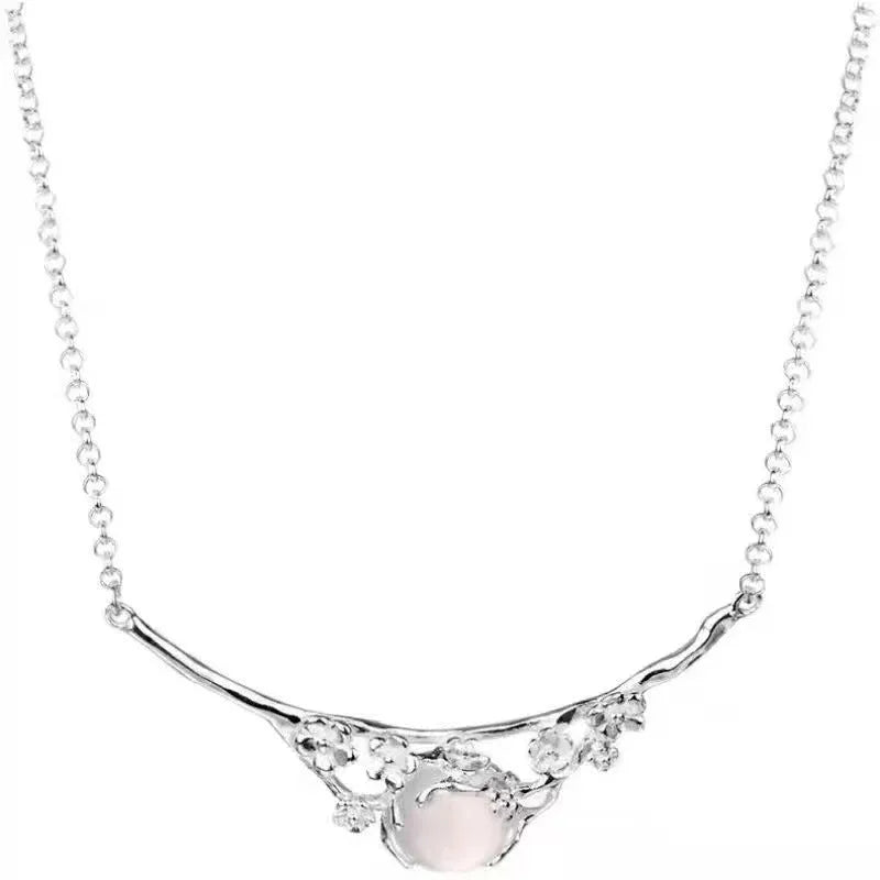 Plated 925 inlaid moonlight white chalcedony moon shadow cold plum necklace white gold copper pendant cross chain