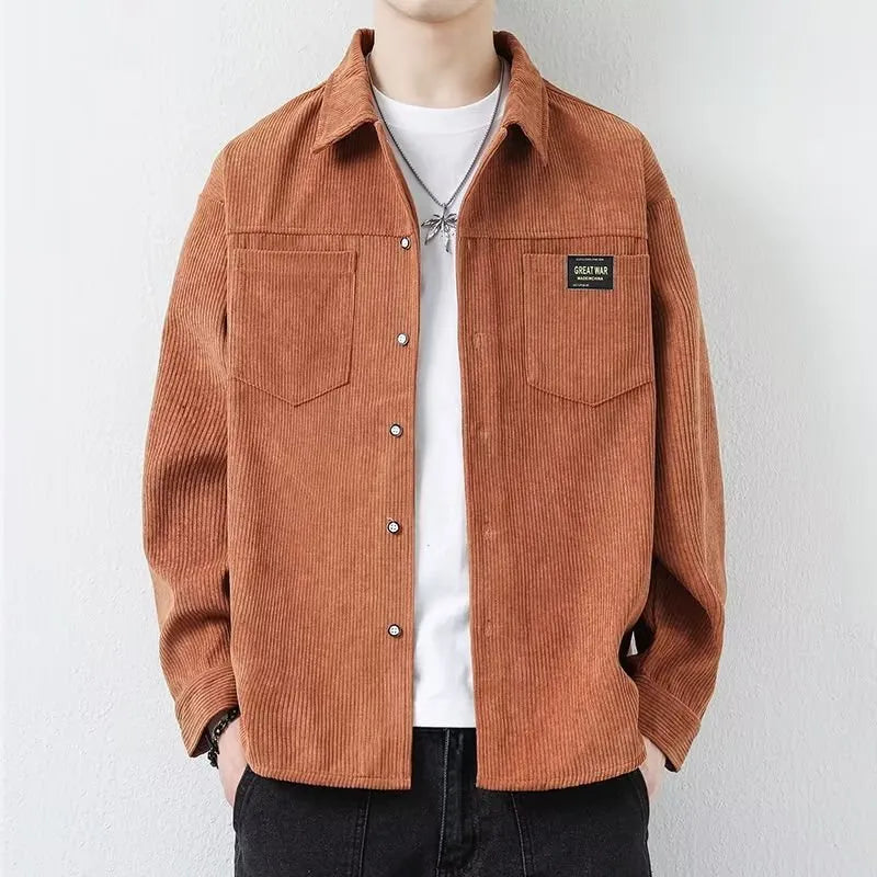 Men's long sleeve corduroy cardigan jacket in black, shown as a casual layering piece.