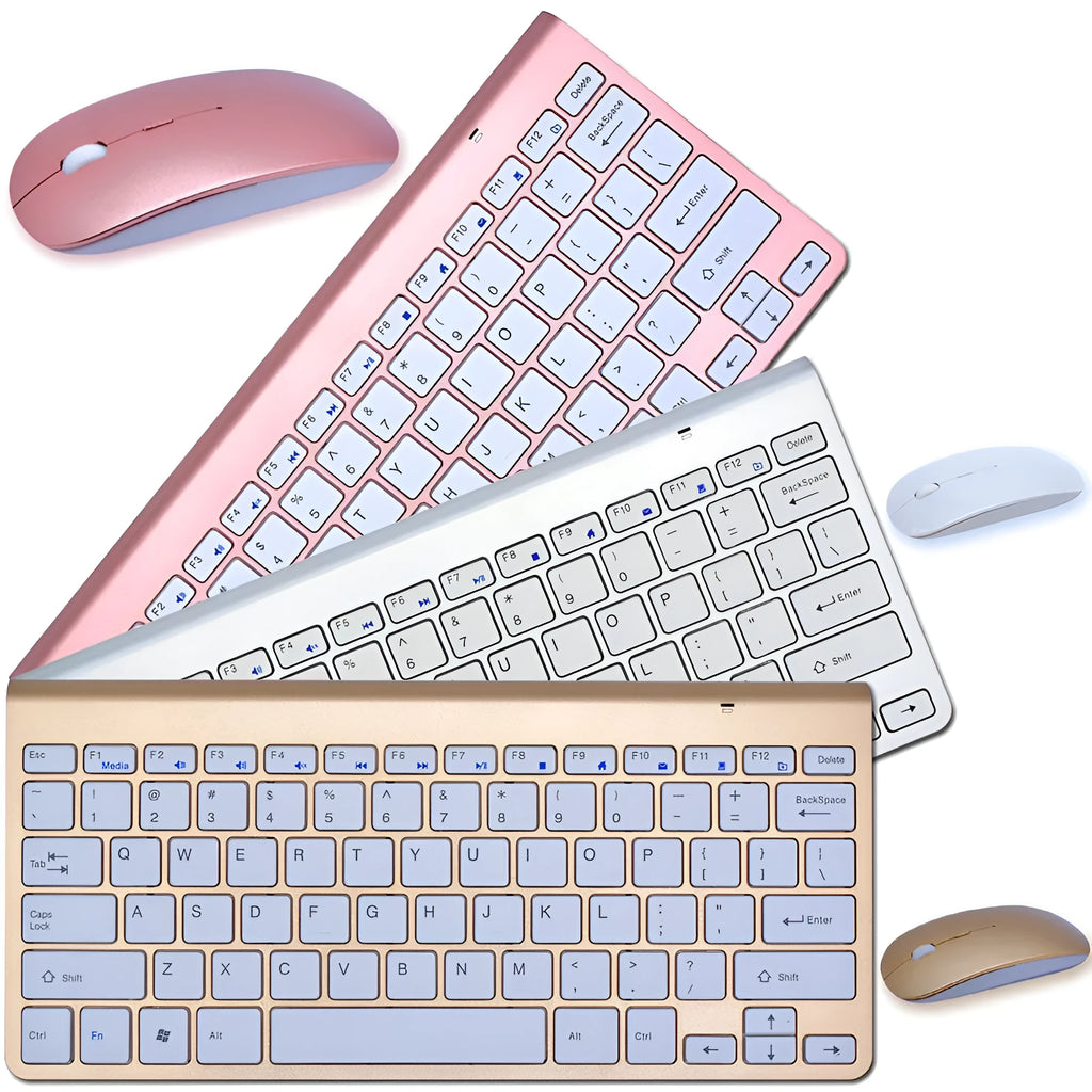 2.4G wireless keyboard and mouse combo set in silver with scissor-key switches and USB receiver