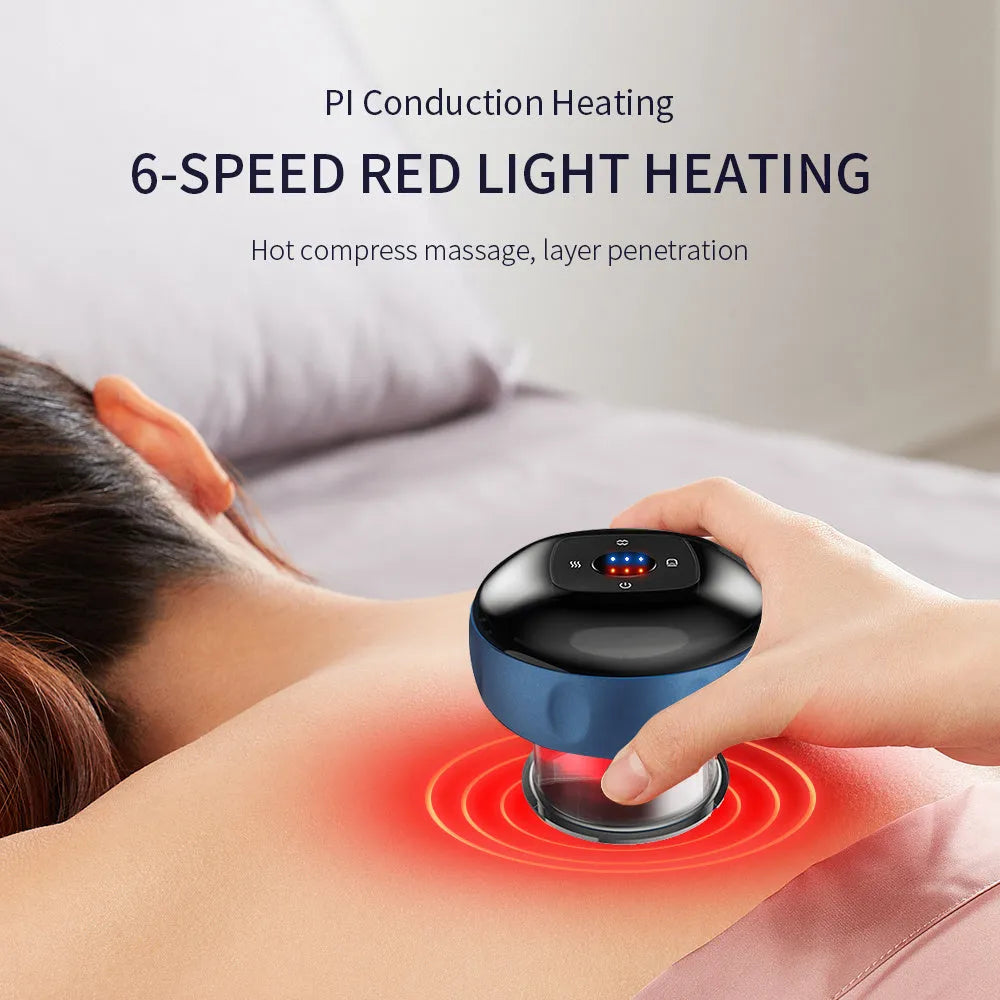 Black electric vacuum cupping massager with LED display and USB charging port on a white background.