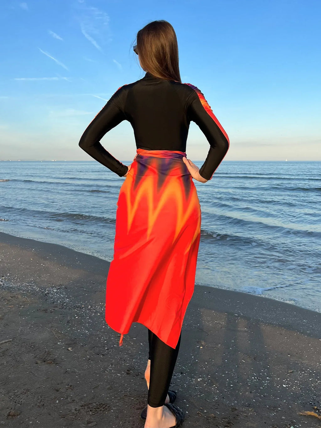 Conservative women's swimsuit three-piece set in colour 427 with traditional pattern design