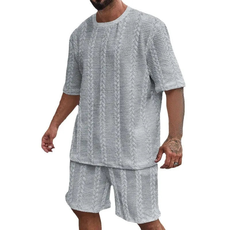 Knitted solid colour Jacquard short sleeve pullover top and matching shorts casual summer set.