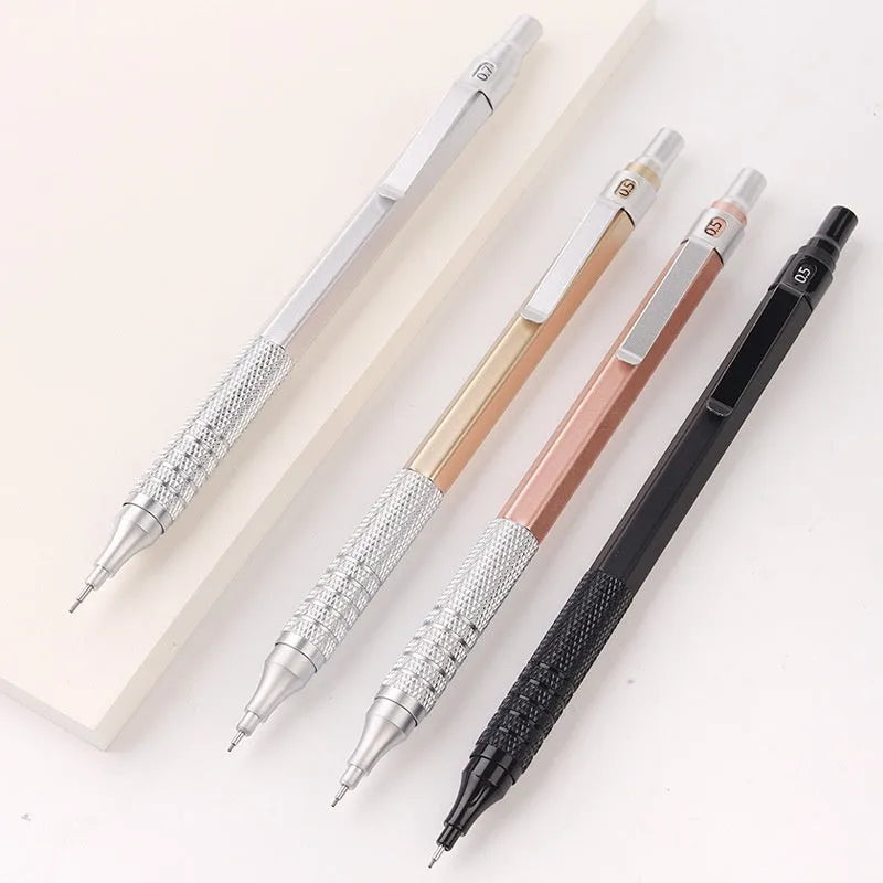 Metal propelling pencil with low centre of gravity in rose gold finish, 0.5mm lead size