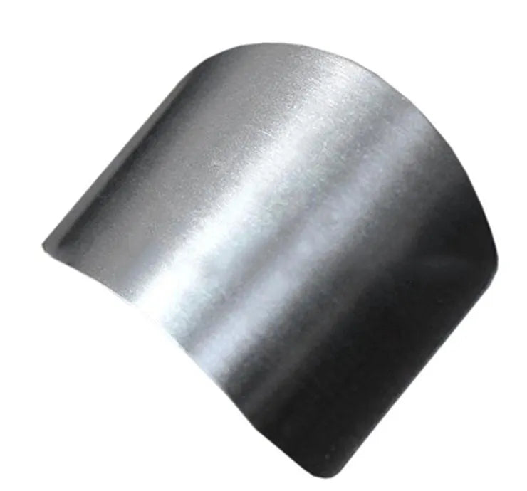 Stainless steel finger guard for cutting vegetables, shown in single and double finger sizes.