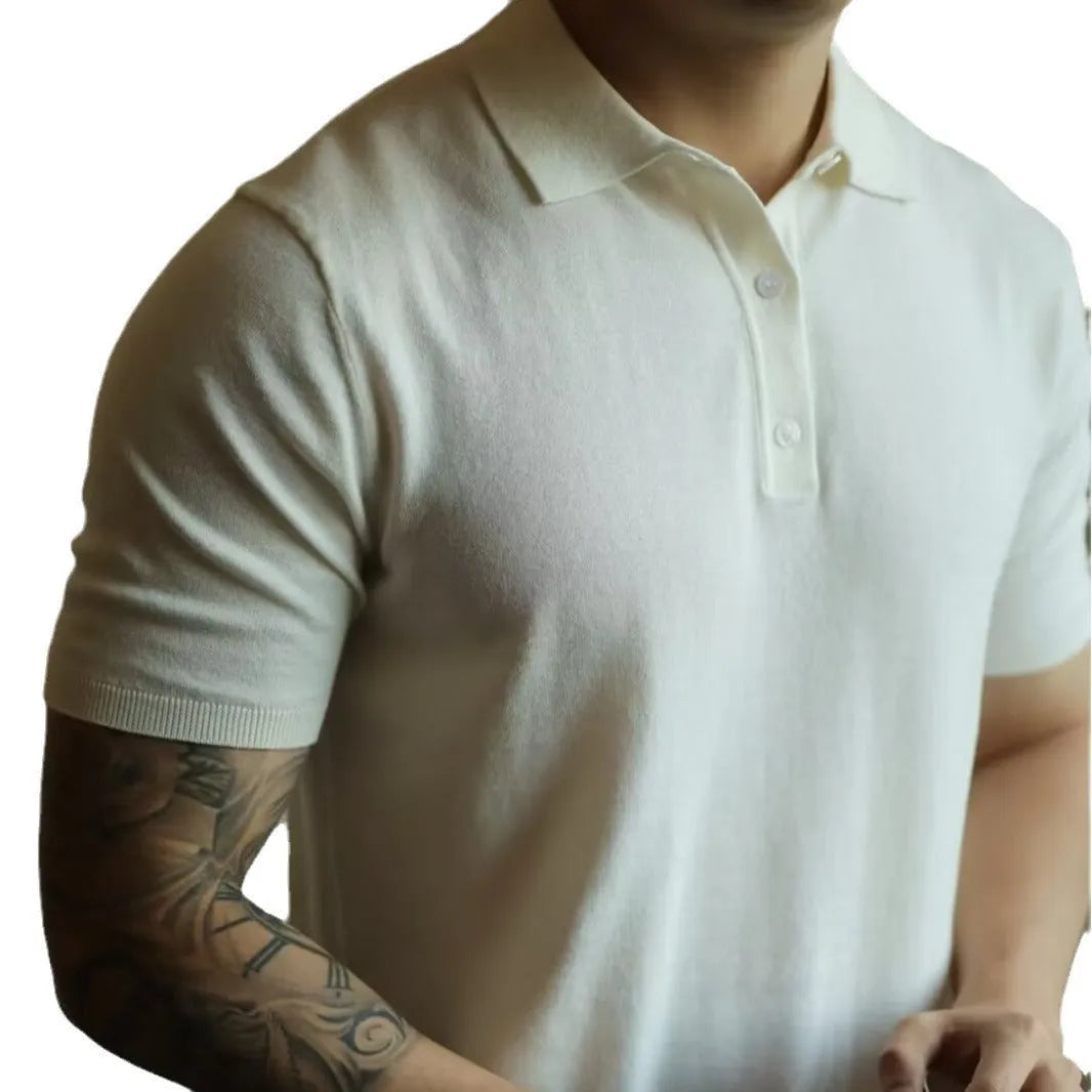 Knitted short-sleeve polo shirt in ice silk cotton fabric on a hanger, showing polo collar detail.
