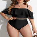 Black women's one-piece swimsuit on hanger showing front and back views