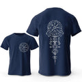 Men's grey cotton T-shirt with a detailed Viking rune compass graphic print on the chest.