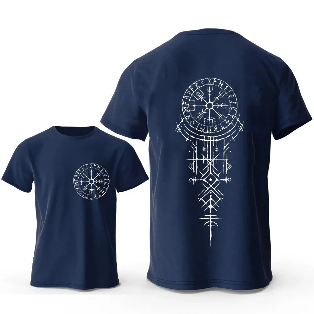 Men's grey cotton T-shirt with a detailed Viking rune compass graphic print on the chest.