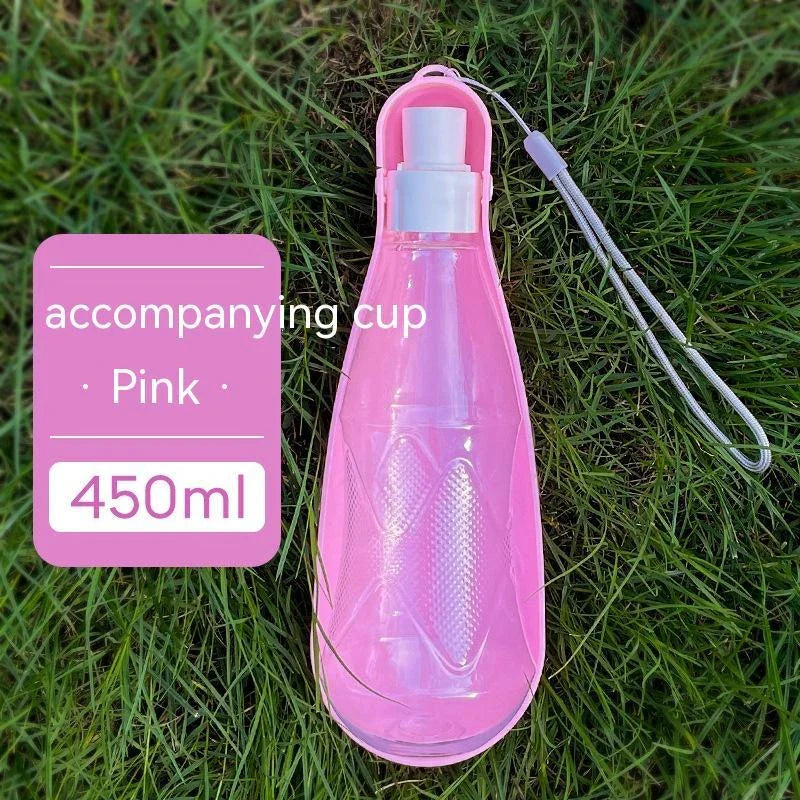 Portable outdoor dog water bottle with large 550ml capacity, available in various colors including lake blue, pink, and gray.