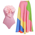 Women's solid colour one-piece swimsuit with deep V halter neck and backless design.