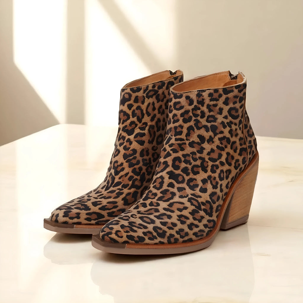 Leopard print pointed toe ankle boots for women with back zipper, high heel above 8cm and rubber sole