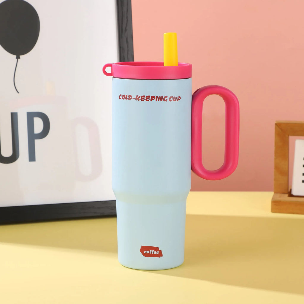 Large insulated portable straw cup with carry handle and straw in multiple colour options.