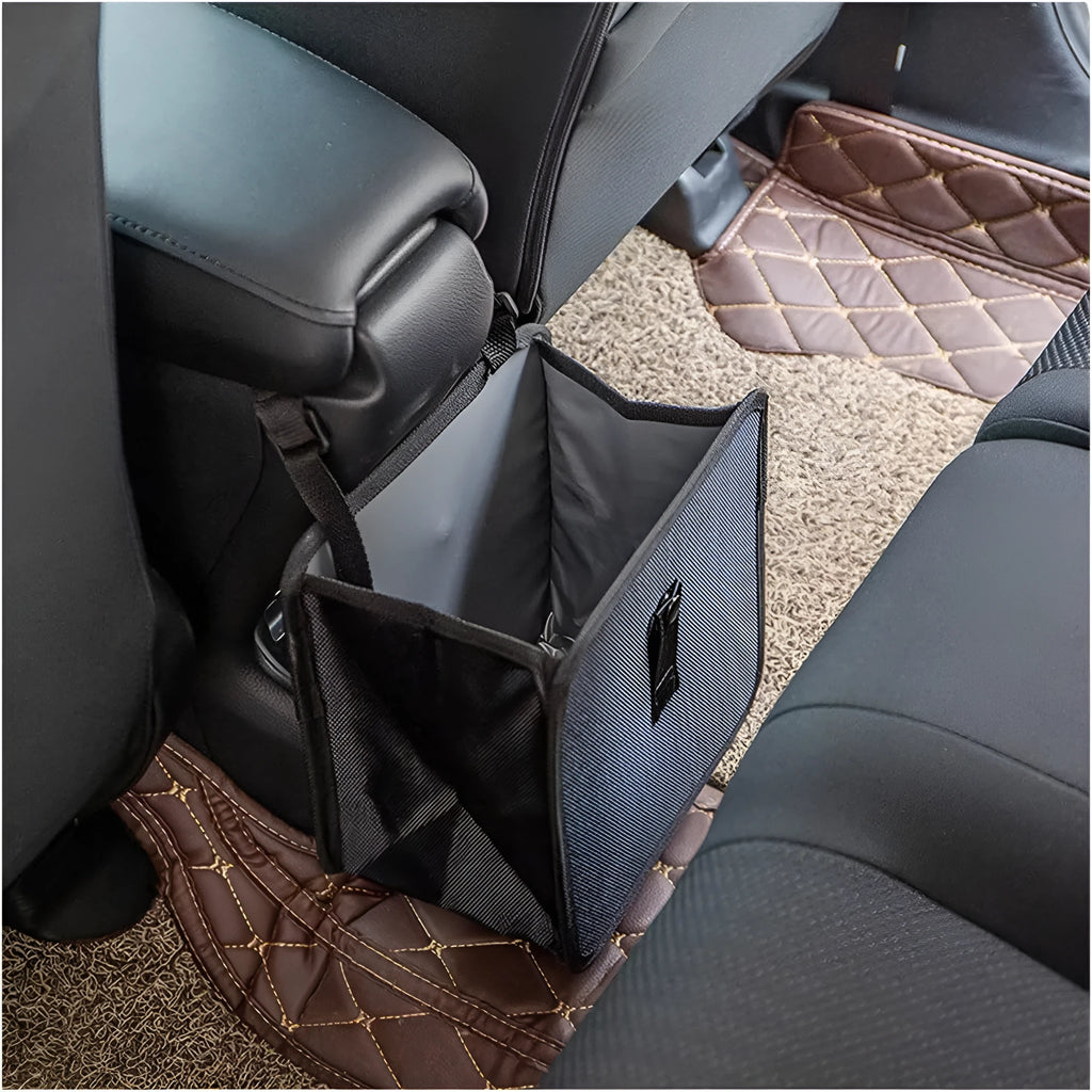 Black Oxford cloth car folding trash can with hanging strap and 8.7 litre capacity