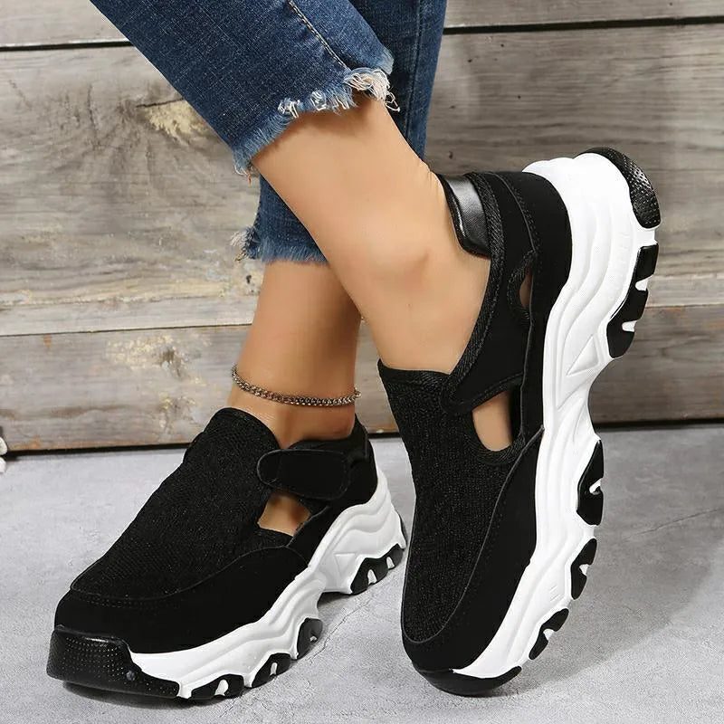 Women's mesh sport shoes with round toe, low heel, and Velcro fastening in a solid colour
